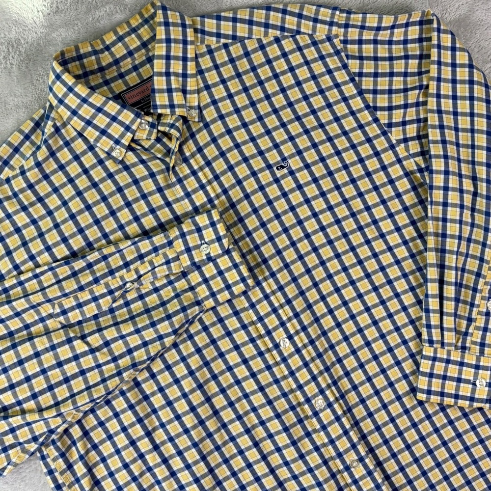 Vineyard Vines Men's Whale Shirt Blue Yellow Plaid Button Down‎ Sz L Long Sleeve